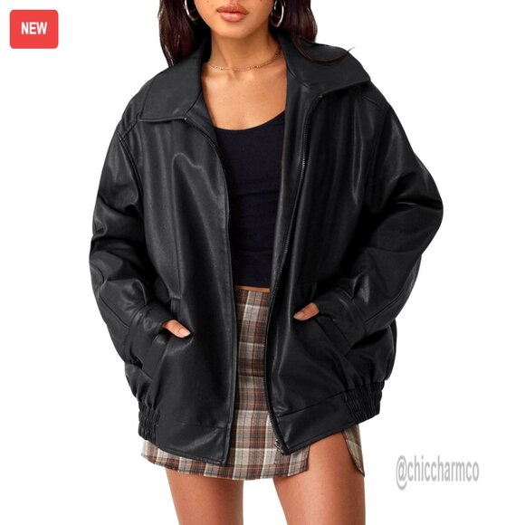 Oversized Faux Leather Motorcycle Jacket Zipper Closure Fall Style
